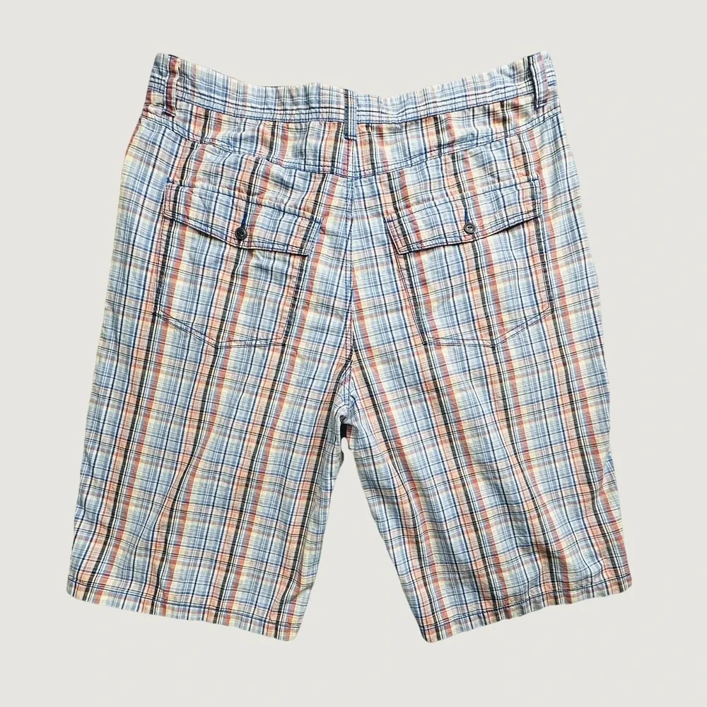 Footaction Shorts Mens 40 Blue Orange Plaid Cotton Casual Cargo Flap Pocket